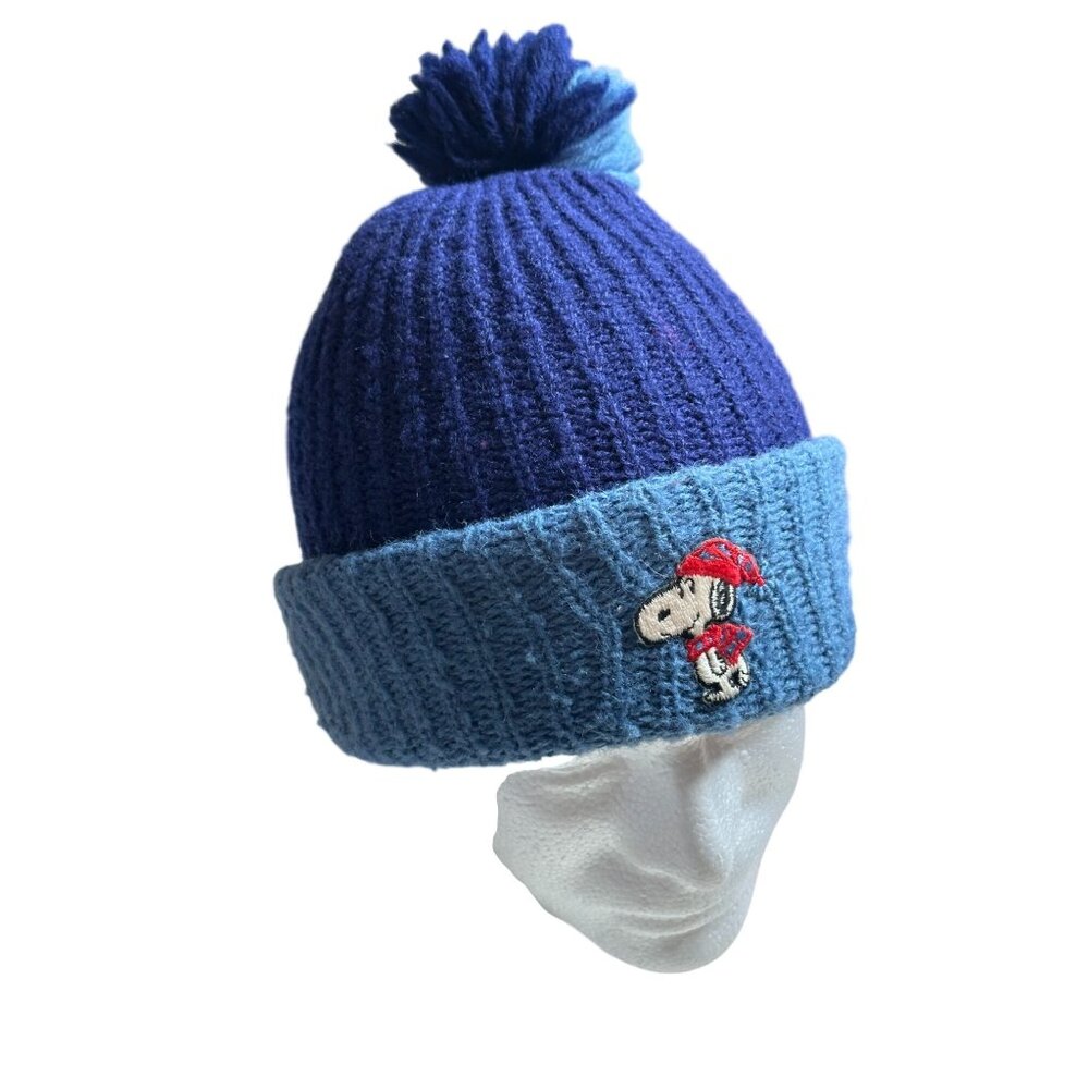 Hi Bulk Snoopy Peanuts Outdoors Pom Pom Beanie Hat Ski Logo Blue USA Vtg